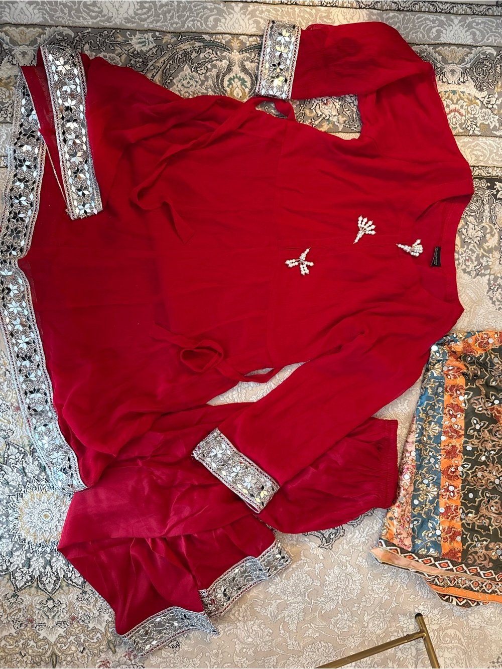 Women's Red Indian mirrored Shalwar kameez dress and pants with scarf